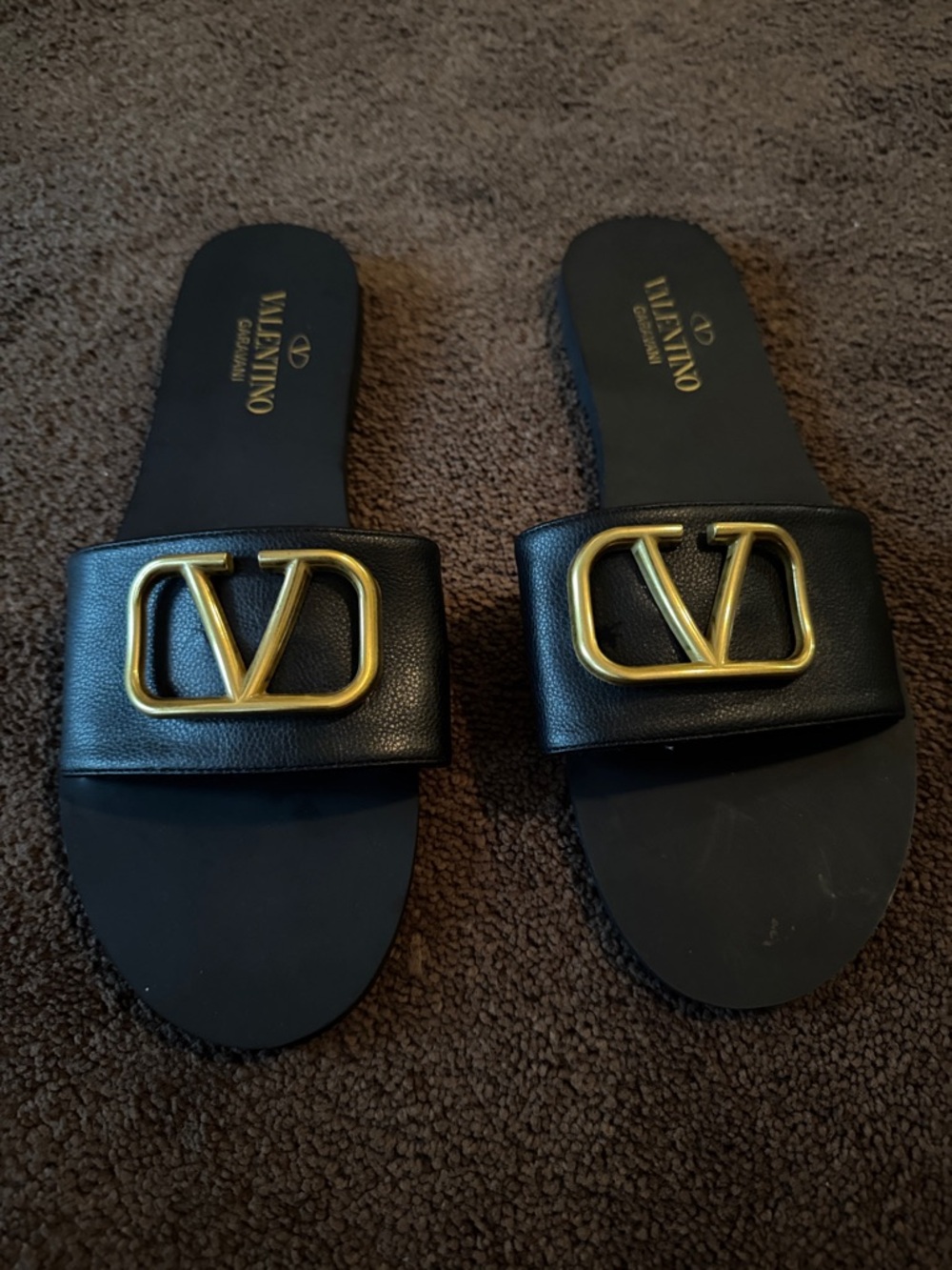 Valentino Garavani Black Leather Slide Sandals with Gold V Logo